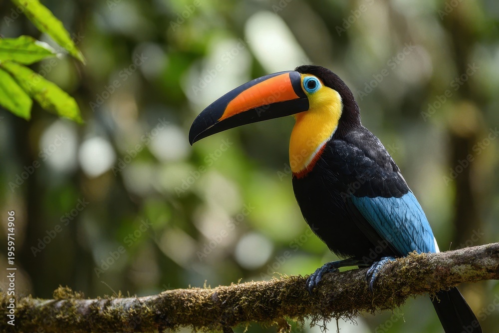 Naklejka premium Vibrant toucan with bold beak among emerald foliage in a jungle scene