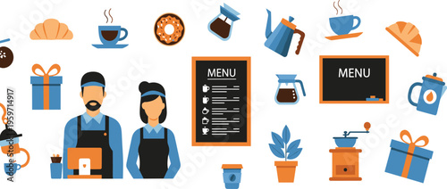 Professional coffee shop staff characters including male and female baristas in aprons with menu chalkboard and coffee pot for cafe business vector illustration.