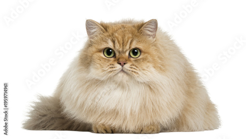 Adorable long-haired golden ginger cat with expressive green eyes staring straight
