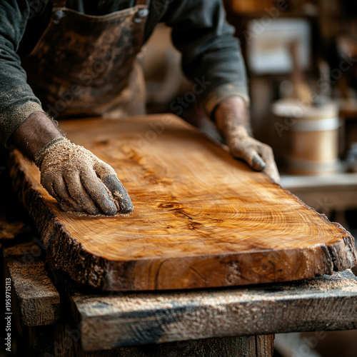 Man carving wood with chisel.