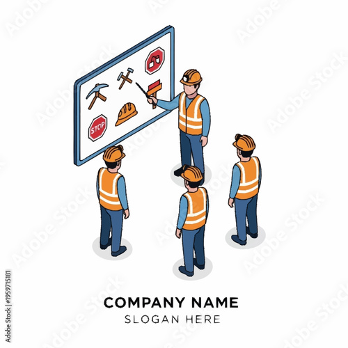 Construction workers attending a safety training session with a supervisor pointing at safety icons on a whiteboard.