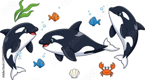 Playful Orca and Sea Life Icon Set with Dolphins, Fish, Crab, Shell, and Underwater Plants in a Fun Style