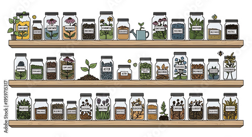 A vector graphic illustration of a wooden shelf filled with various labeled jars of seeds, plants, and gardening supplies.