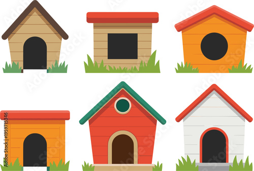 Dog house icons vector set, colorful pet shelters, cartoon kennels collection design