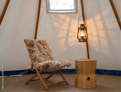 Cozy indoor tent with rustic wooden furniture and vintage lantern ambiance