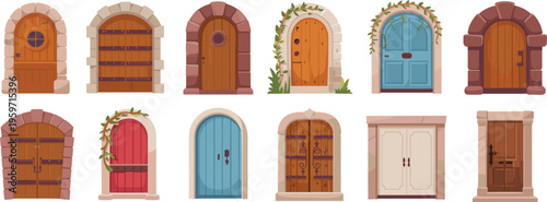 Vintage doors vector set, rustic wooden entrances, colorful house doorway collection, architectural design