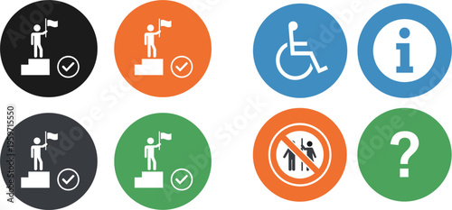Set of Informational and Accessibility Icons with Flags, Disabled Access, Information, and Restrictions in Colorful Design