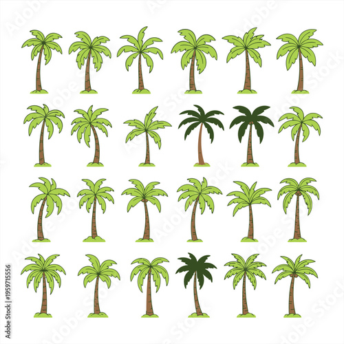 A collection of various palm trees stand tall in a scenic landscape illustration.