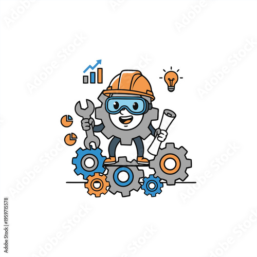 A cartoon character in a hard hat and goggles holds tools among colorful gears and machinery.