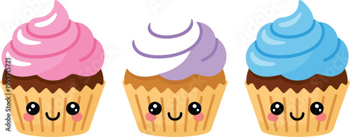 Adorable vector cupcakes with colorful frosting and cute smiling faces