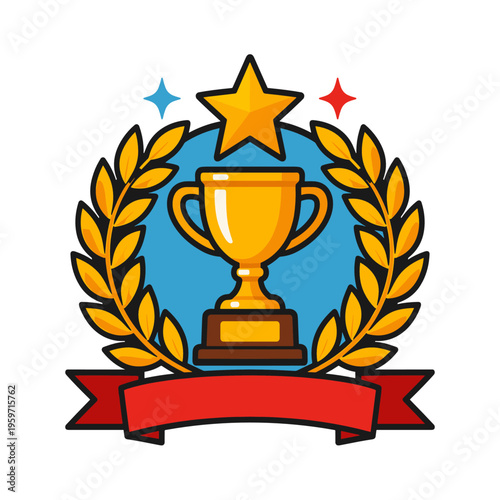 Gold trophy award with laurel wreath flat illustration winner champion badge design with ribbon