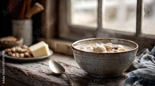Warm, hearty clam chowder in a ceramic bowl, comforting New England seafood soup in a cozy kitchen setting