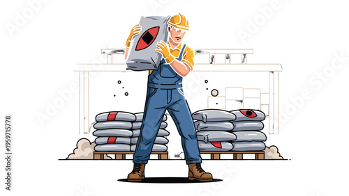 Industrial Workforce: An illustration of a determined construction worker, clad in overalls, expertly shoulders a heavy sack. The scene embodies strength, labor.