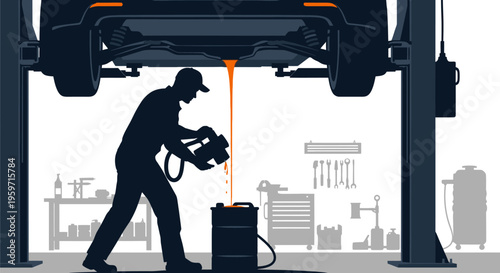 Mechanic changing car oil in a garage with tools and equipment around