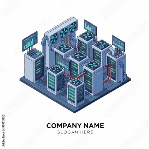 Isometric illustration of a modern server room with multiple racks, cooling fans, and monitors, representing data center infrastructure.