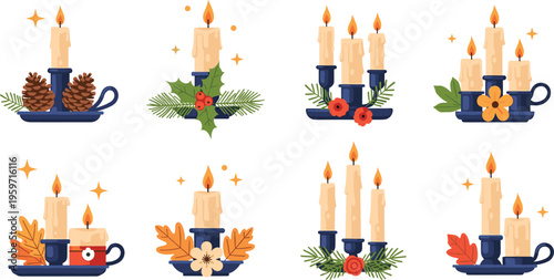 Festive candle arrangements set with pine cones holly leaves flowers and cozy seasonal decor vector illustration collection