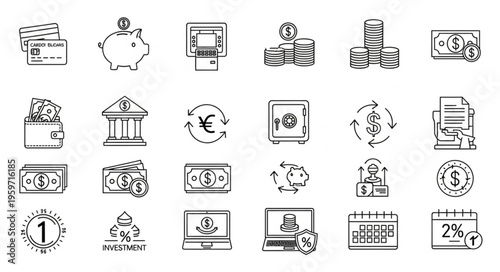 Collection of financial and banking icons representing money and transactions.