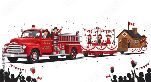 A vibrant illustration of a red fire truck leading a festive parade float with people celebrating Canada Day