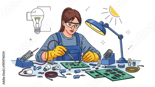 Technician at Work: A skilled technician diligently solders components onto a circuit board in a modern workshop, illuminating the intricate process of electronics with a beam of focus and precision.