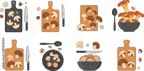 Mushroom cooking illustrations set with chopping board knife frying pan bowl and fresh ingredients kitchen vector collection