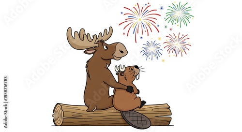 A heartwarming illustration of a moose and a beaver sitting on a log watching fireworks