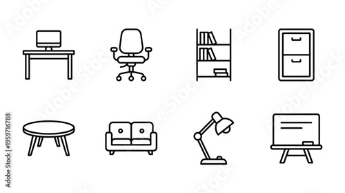 Minimalist office furniture icons set, clean black-and-white workplace essentials illustration
