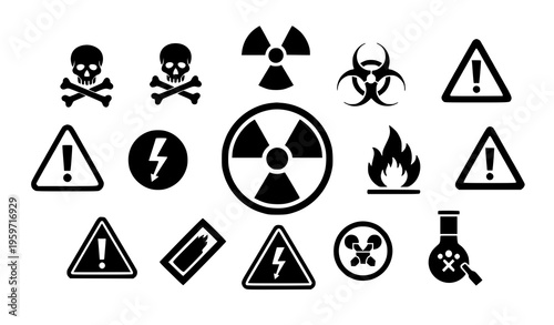 Bold Hazard Warning Icon Set with Solid Black Danger Symbols Biohazard Radiation and Fire Signs Vector