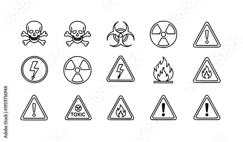 Minimal Hazard Warning Symbols Set with Danger Biohazard Radiation and Safety Line Icons Vector