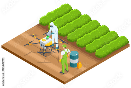 Isometric agricultural drone preparation in a cultivated field with workers, protective suit and chemical tank. Farming technology scene shows crop treatment, precision agriculture, spraying system