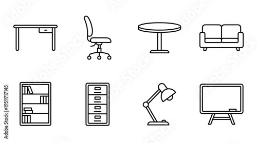 Minimalist office furniture icons set, clean black-and-white workplace essentials illustration