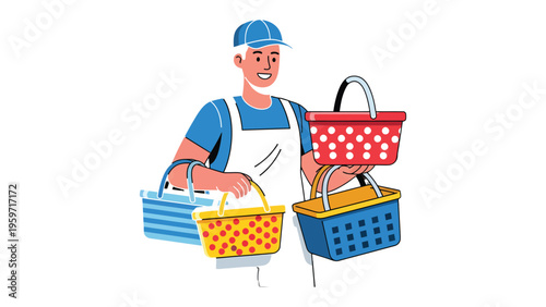 Market Courier's Load: A diligent courier navigates their rounds, effortlessly carrying an assortment of colorful baskets. The scene is imbued with the spirit of commerce and helpfulness.