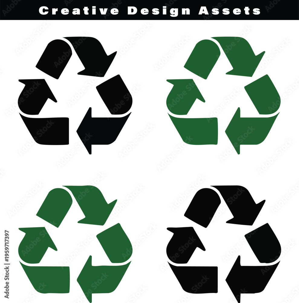 Fototapeta premium Four variations of the universal recycling symbol in black and green colors for environmental use