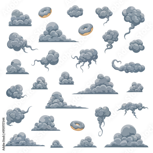 Various gray storm clouds float in the sky with some featuring orange interiors.