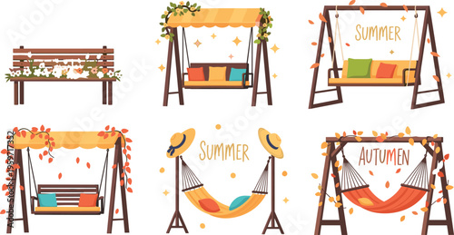 Seasonal garden swing set with summer and autumn themes featuring benches hammocks cushions leaves cozy outdoor vector illustration collection