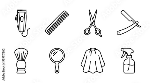 Minimalist barber tools icons set, clean black-and-white grooming essentials illustration