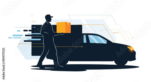 Delivery man carrying boxes to car for shipping or moving with abstract background