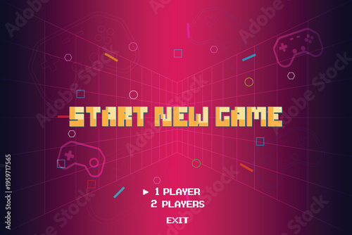 Start new game, retro cyberpunk style 80s game scene pixel art 8-bit sci-fi background. glowing neon grid and stars from vintage arcade computer games.	