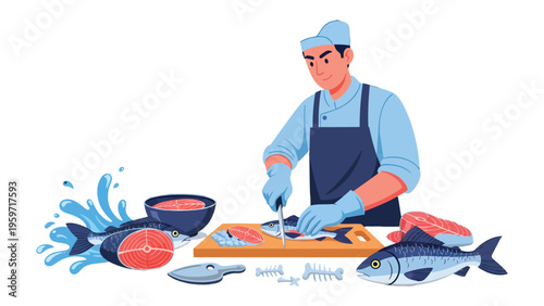 Culinary Precision: A skilled chef meticulously prepares fresh seafood, demonstrating expertise and dedication in every cut. 