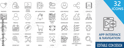 Minimalist app interface line icons for mobile UI UX design, navigation , share, search, menu ,  download, scalable, and digital product user flow.