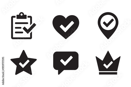 Minimalist solid black verified checkmark vector icon set inside a clipboard, heart, location pin, star, chat bubble, and premium crown for approved success UI
