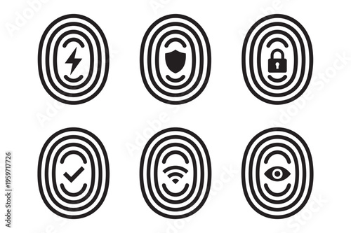 Minimalist black line art fingerprint scanner security vector icon set with shield, padlock, wifi, eye, and checkmark for biometric authentication and identity verification design