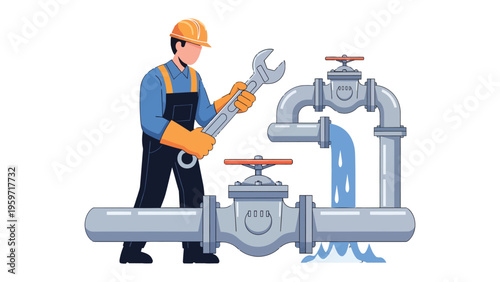 Plumber's Expertise: A skilled plumber in protective gear meticulously repairs a complex pipe system with a wrench, showcasing precision and dedication to ensuring efficient water flow.