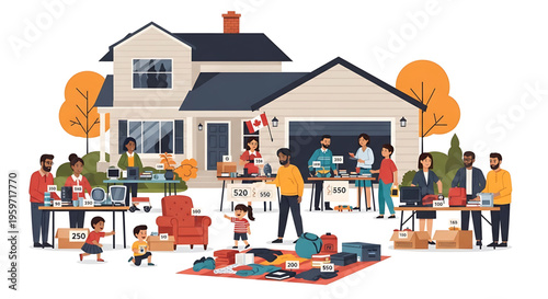 A colorful illustration of a family participating in a garage sale in front of their house