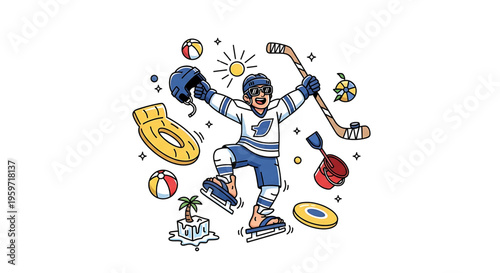 A colorful vector illustration of a hockey player surrounded by summer icons and objects