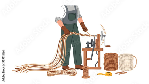 Artisan Craftsmanship: A craftsman meticulously weaves threads into ropes using a traditional spinning machine, revealing the art of creation and highlighting human skills.