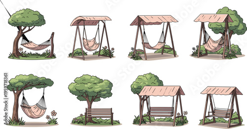 Set of outdoor garden hammocks and wooden swings with trees and shelters in peaceful nature landscape flat vector illustration collection
