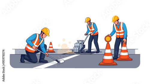 Road Crew at Work: Illustrative of road construction workers meticulously painting lane lines on asphalt, symbolizing infrastructure development and urban planning.