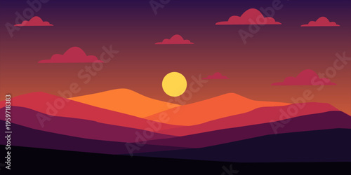 Beautiful twilight mountain range with sun and clouds.