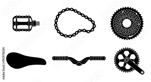 Bicycle parts collection including chain gears pedal and seat on white background