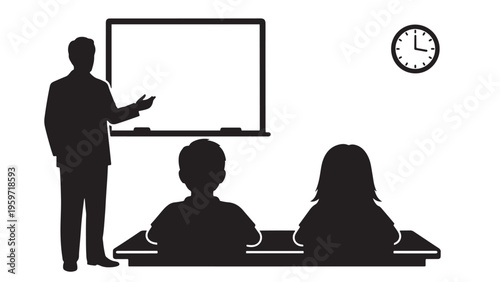 Male Teacher Silhouette Explaining Lesson on Whiteboard to Two Students in Classroom Setting with Wall Clock, Vector Illustration.